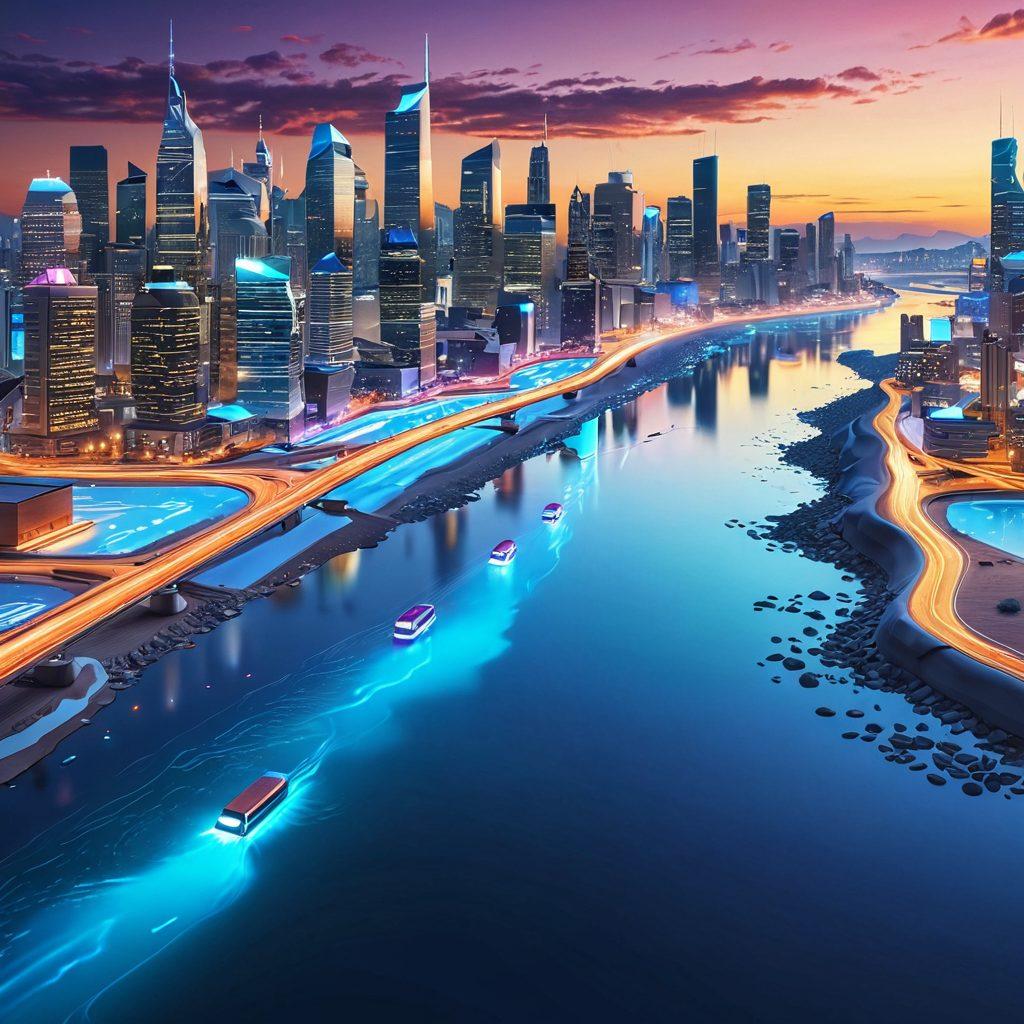 A digital landscape depicting a smooth, flowing river representing seamless website maintenance, with colorful subscription renewal icons floating on the water. In the background, a futuristic city skyline symbolizes progress and success. Clear skies above with hints of digital elements illuminate the scene. super-realistic. vibrant colors. 3D.