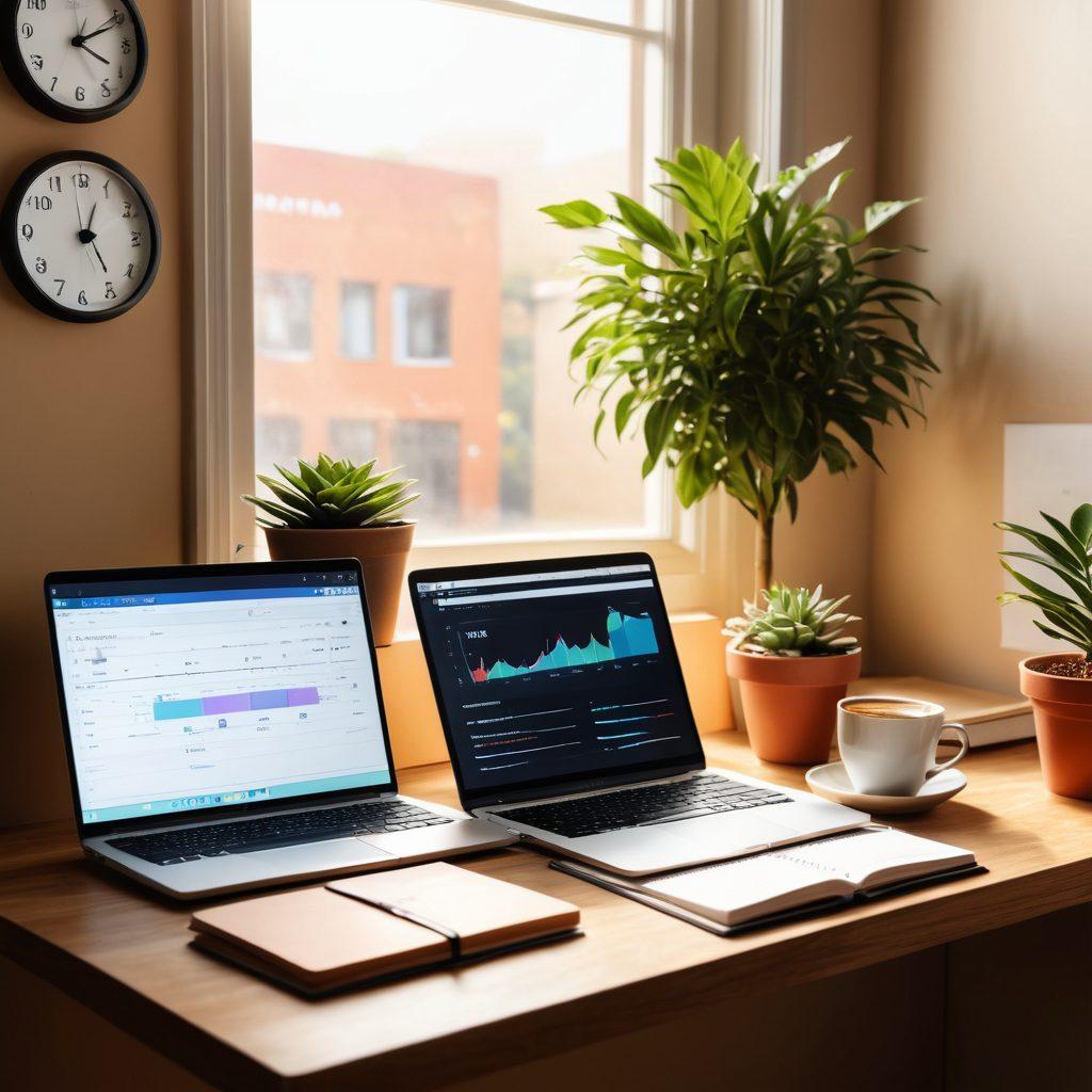 A serene workspace with a glowing laptop showing a subscription management dashboard, surrounded by neatly organized notebooks, a steaming cup of coffee, and a potted plant. In the background, a wall clock symbolizes time management, while soft sunlight filters through a window to create a warm atmosphere. super-realistic. vibrant colors. cozy environment.