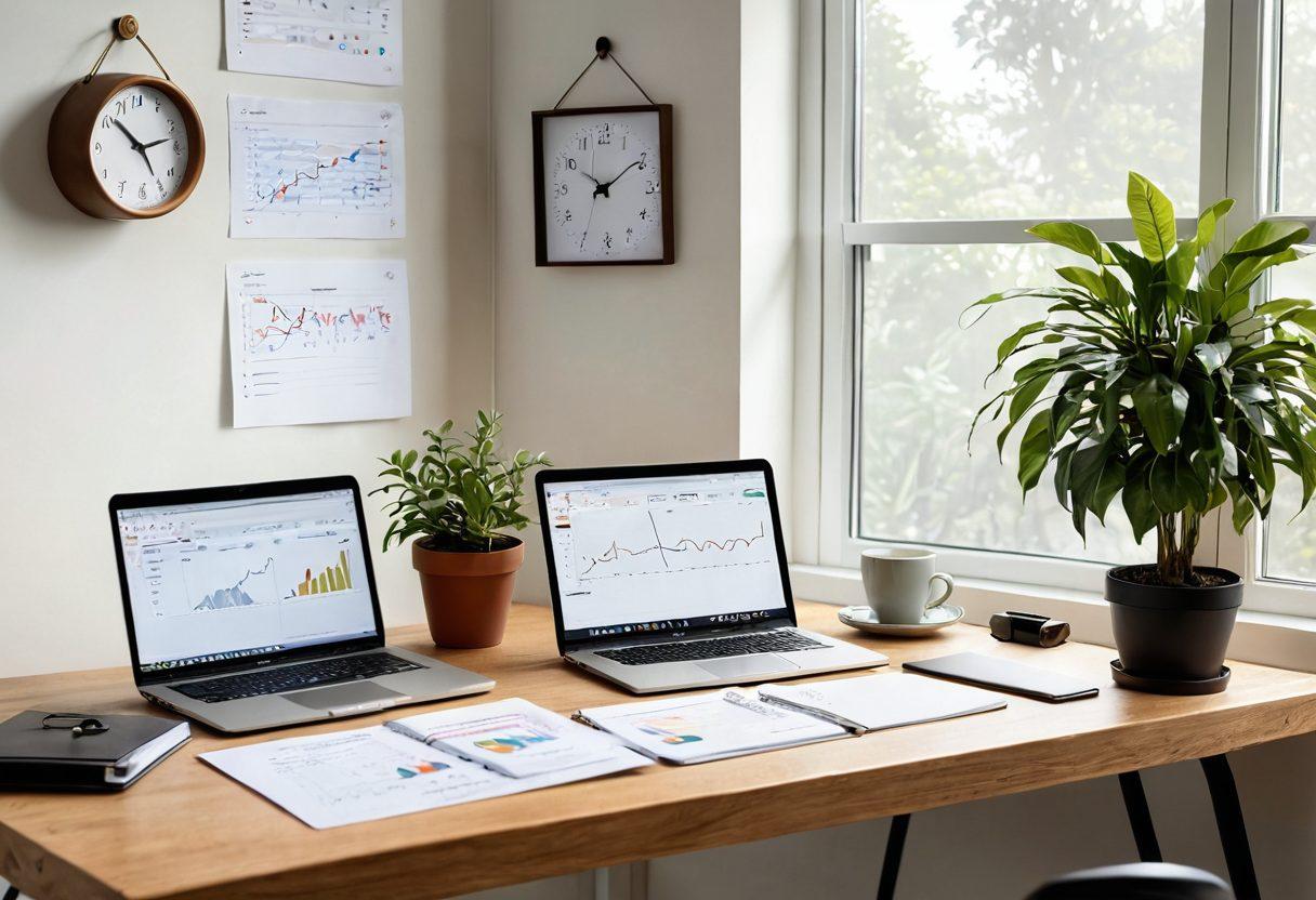 A serene workspace featuring a modern desk with a laptop showing a user-friendly subscription management dashboard filled with graphs and notifications. A cup of coffee sits beside a notepad with handwritten renewal reminders. Soft morning light filters through a window, enhancing the calm atmosphere. Incorporate subtle elements like a wall clock and houseplants for a touch of homeliness. super-realistic. vibrant colors. white background.